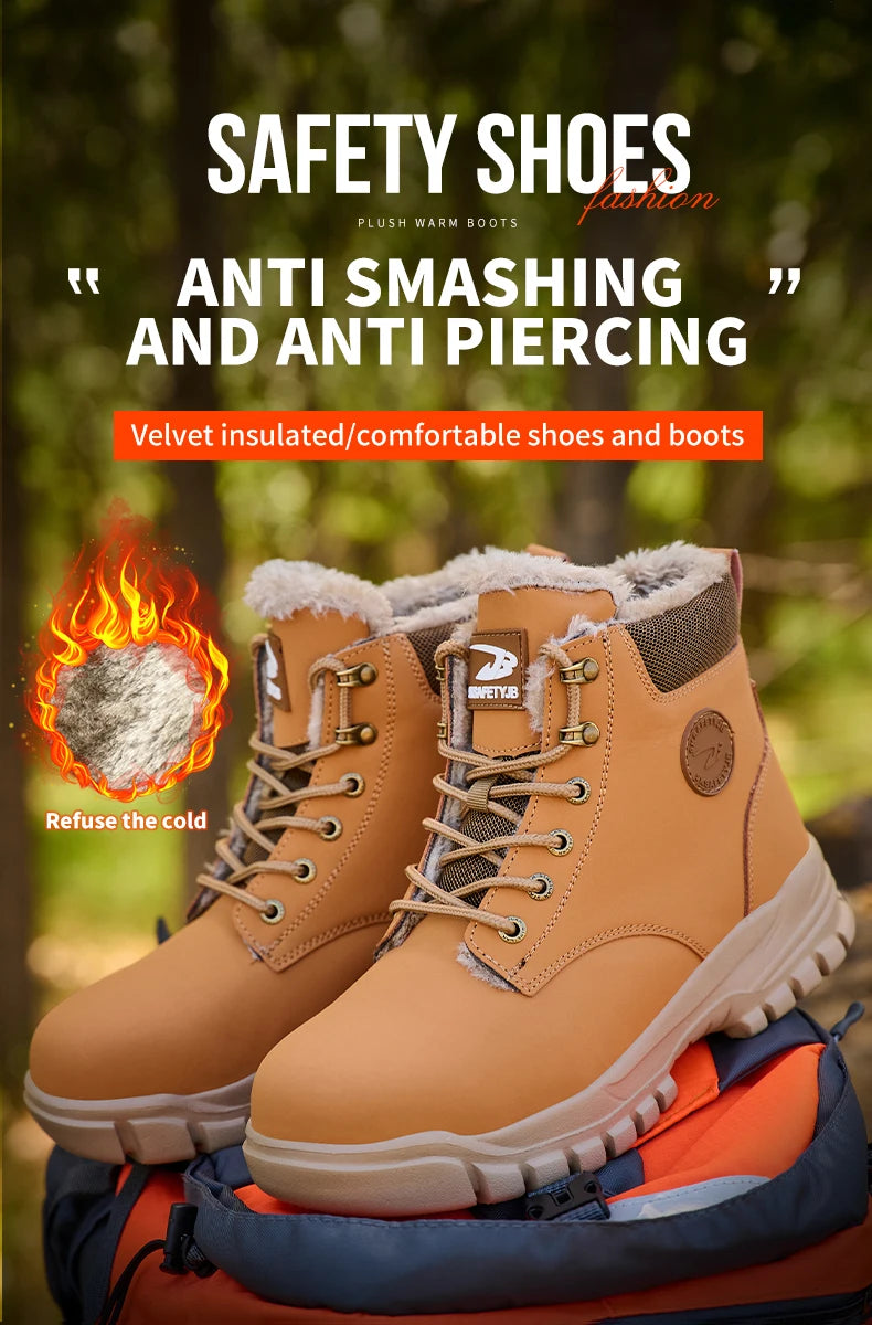 Mandotos International stylish winter steel toe work boots for men, waterproof and durable safety shoes with rugged soles.