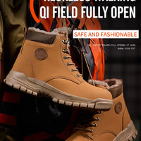 Mandotos International men's waterproof steel toe work boots, stylish winter safety shoes with durable, rugged design.