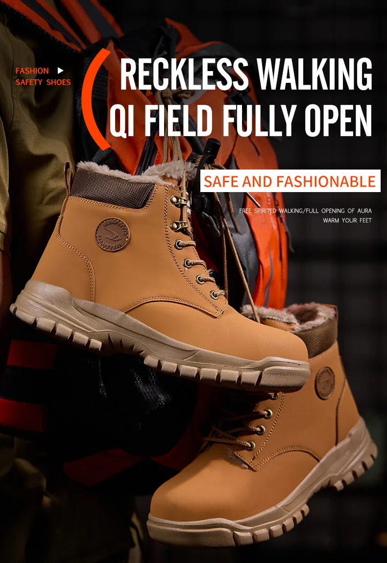 Mandotos International men's waterproof steel toe work boots, stylish winter safety shoes with durable, rugged design.