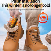 Black waterproof steel toe work boots for men by MANDOTOS INTERNATIONAL, featuring rugged design and durable safety shoes for winter.