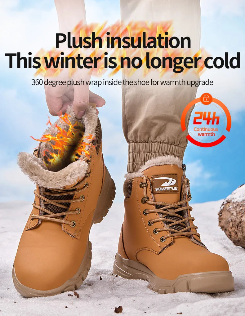 Black waterproof steel toe work boots for men by MANDOTOS INTERNATIONAL, featuring rugged design and durable safety shoes for winter.