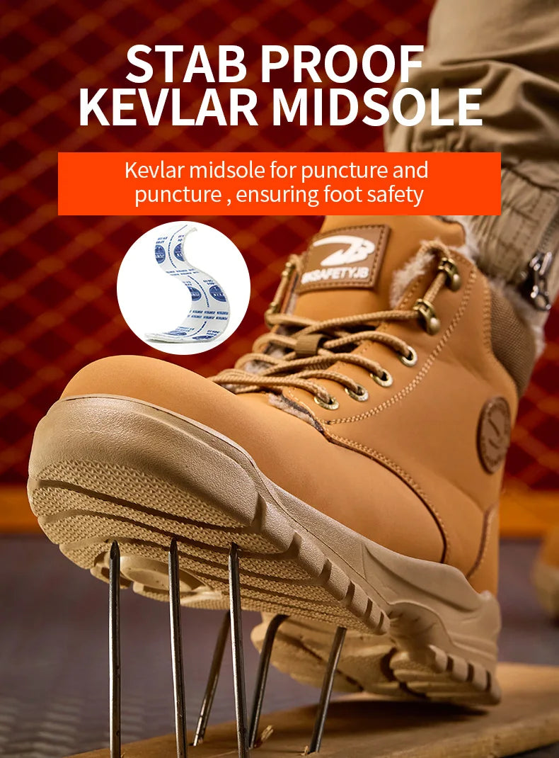 Mandotos International men's waterproof steel toe work boots with stylish winter design and rugged safety features.
