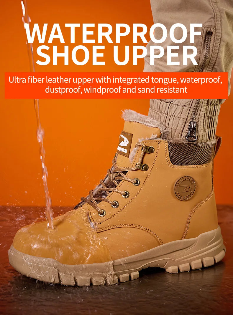 Mandotos International men's waterproof steel toe work boots, stylish winter safety shoes with durable, rugged design.