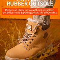 Mandotos International men's waterproof steel toe work boots with rugged design and sturdy safety features for winter work conditions.