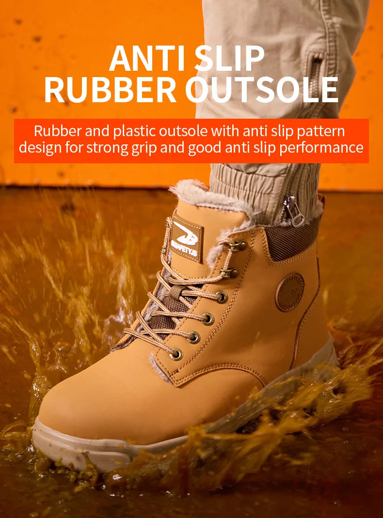 Mandotos International men's waterproof steel toe work boots with rugged design and sturdy safety features for winter work conditions.