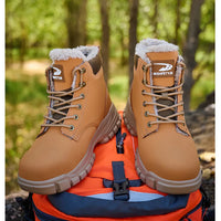 Mandotos International men's winter steel toe work boots, waterproof safety shoes with sturdy construction and rugged design.