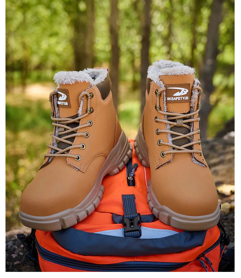 Mandotos International men's winter steel toe work boots, waterproof safety shoes with sturdy construction and rugged design.