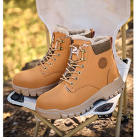 Mandotos International men's stylish winter steel toe work boots, waterproof and durable safety shoes with sturdy grip soles.