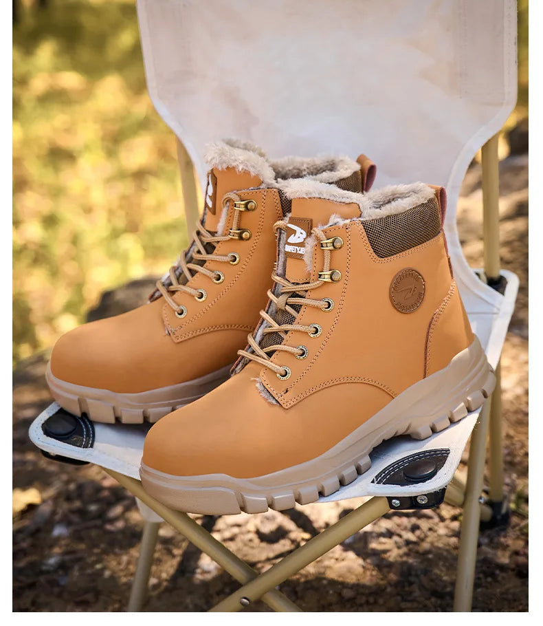 Mandotos International men's stylish winter steel toe work boots, waterproof and durable safety shoes with sturdy grip soles.