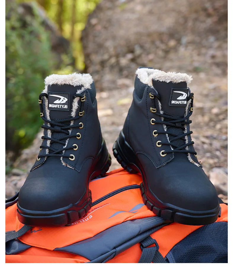 Mandotos International men's waterproof steel toe work boots with rugged design and sturdy safety shoes for winter durability.