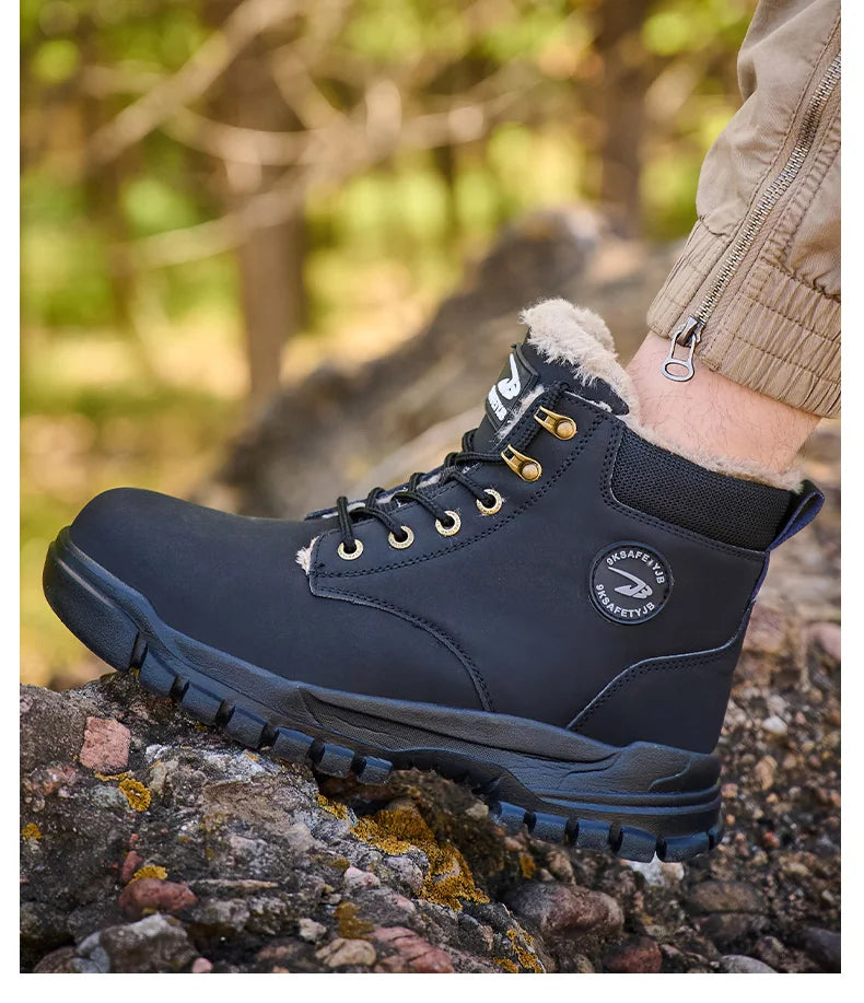 Mandotos International men's stylish winter steel toe work boots, waterproof and durable safety shoes with rugged design.