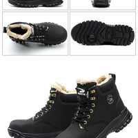 Mandotos International men's stylish winter steel toe work boots, waterproof and durable safety shoes with rugged soles.