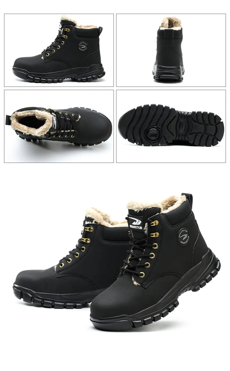 Mandotos International men's stylish winter steel toe work boots, waterproof and durable safety shoes with rugged soles.