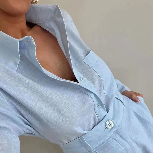 Summer fashion women's 2-piece button short pant set with shirt tops by MANDOTOS INTERNATIONAL, featuring lightweight fabric and stylish design.