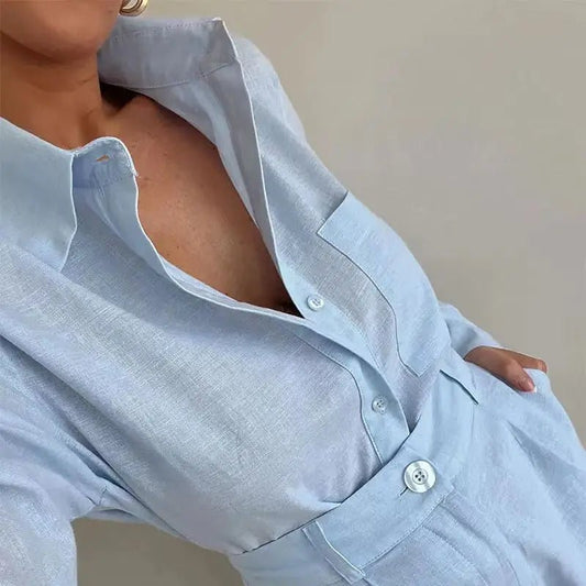 Summer fashion women's 2-piece button short pant set with shirt tops by MANDOTOS INTERNATIONAL, featuring lightweight fabric and stylish design.