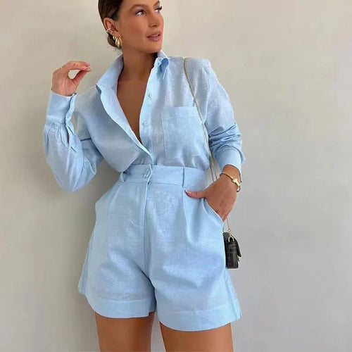 Summer women's 2-piece button short pant set with shirt tops by MANDOTOS INTERNATIONAL, shown on a model.