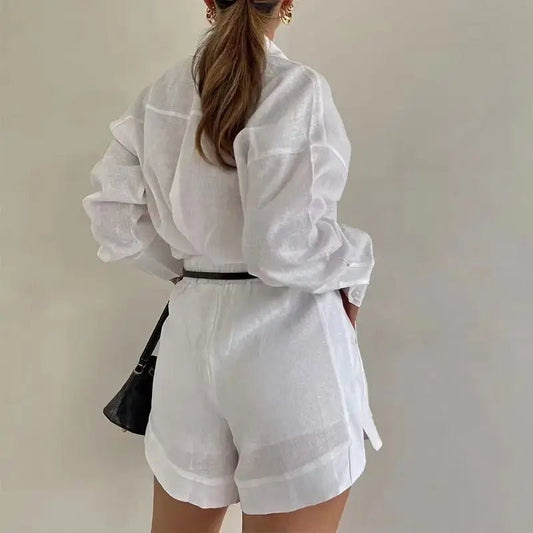 Summer women's 2-piece button short pant set with shirt tops by MANDOTOS INTERNATIONAL, shown on a stylish model.