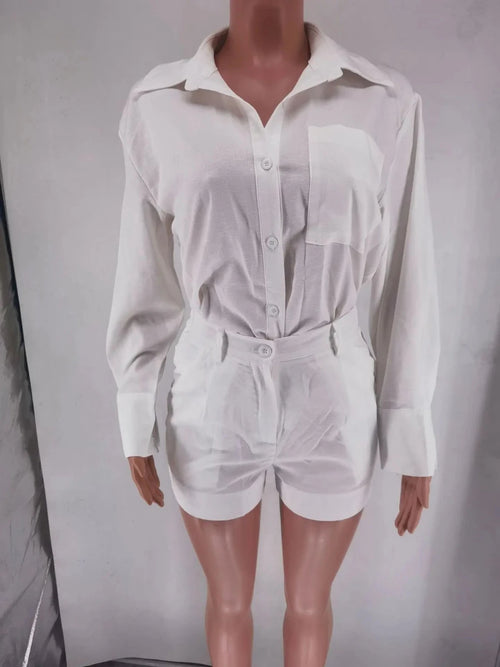 Summer fashion women's 2-piece button short pant set with shirt tops by MANDOTOS INTERNATIONAL, featuring stylish and comfortable summer wear.