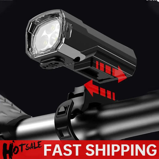 Mandotos International super bright LED bicycle front light mounted on a bike for night riding visibility.