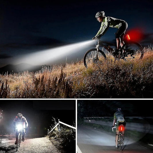 Mandotos International super bright LED bicycle front light mounted on bike for night riding visibility and safety.