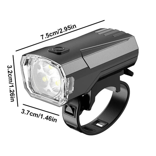 Mandotos International super bright LED bicycle front light mounted on a bike for night riding visibility and safety.