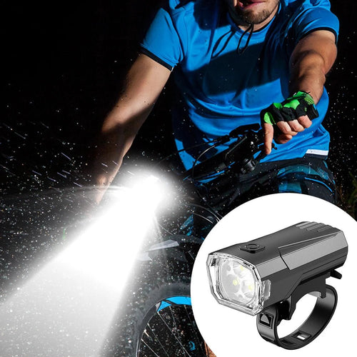 Mandotos International super bright LED bicycle front light with mounting bracket for night riding visibility and safety.