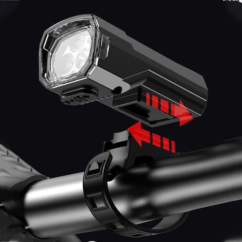 Mandotos International super bright LED bicycle front light mounted on a bike for night riding visibility.