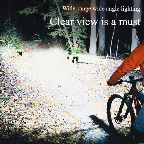 Mandotos International super bright LED bicycle front light mounted on a bike for night riding visibility.