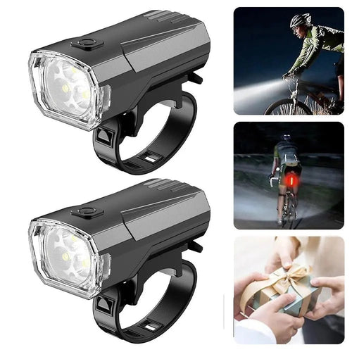 Mandotos International super bright LED bicycle front light mounted on a bike for night riding, providing powerful illumination.