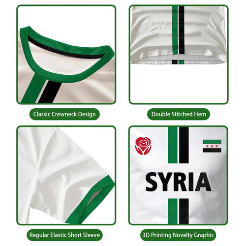 Syrian Flag map print football T-shirt for men and kids by MANDOTOS INTERNATIONAL, summer casual top with vibrant flag design.