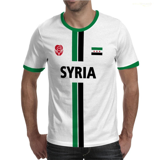 Syrian Flag Map Print Football T-Shirt for men and kids by MANDOTOS INTERNATIONAL, summer casual top with vibrant flag design.