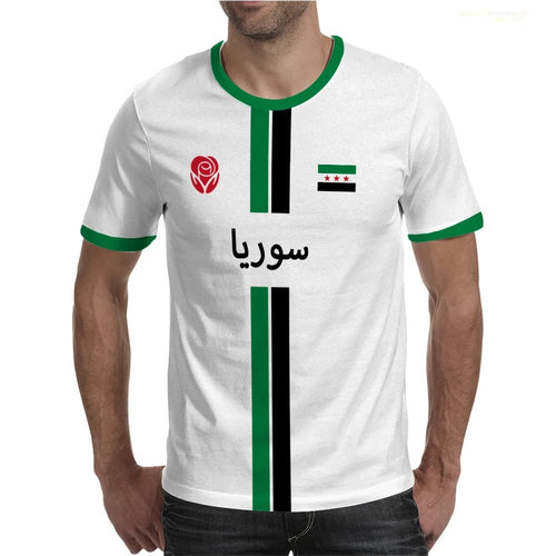 Syrian Flag Map Print Football T-Shirt by MANDOTOS INTERNATIONAL, men's and kids' summer top with vibrant national flag design.
