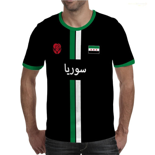 Syrian Flag map print football T-shirt by MANDOTOS INTERNATIONAL, men's and kid's summer top with vibrant flag design.