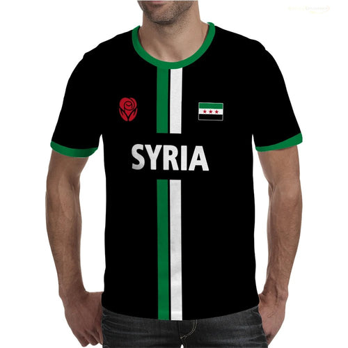 Syrian flag map print football T-shirt by MANDOTOS INTERNATIONAL for men and kids, summer casual top with vibrant flag design.