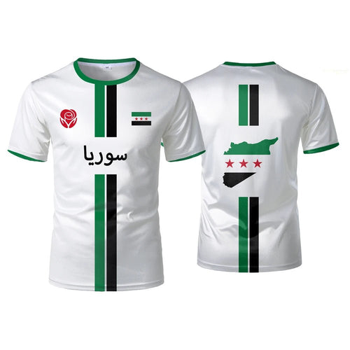 Syrian flag map print football T-shirt for men and kids, summer top by MANDOTOS INTERNATIONAL, featuring vibrant national flag design.