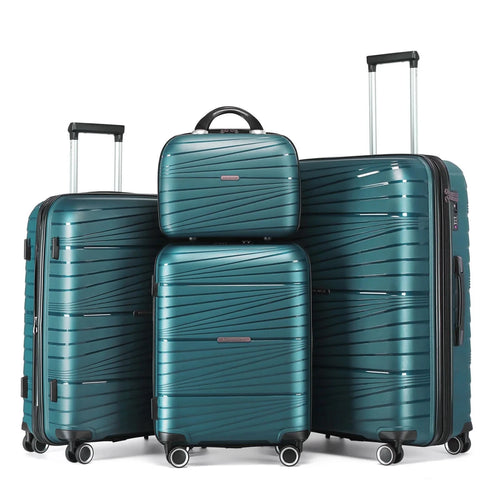 Mandotos International teal 4-piece hardside luggage set with spinner wheels, including 12, 20, 24, and 28-inch suitcases for travel.