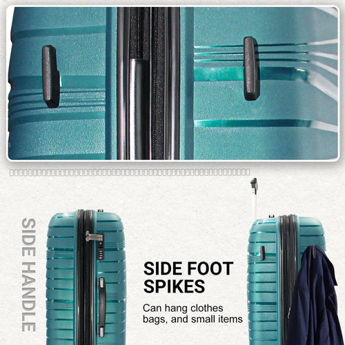 Mandotos International teal 4-piece hardside luggage set with spinner wheels, including 12, 20, 24, and 28-inch suitcases for travel.