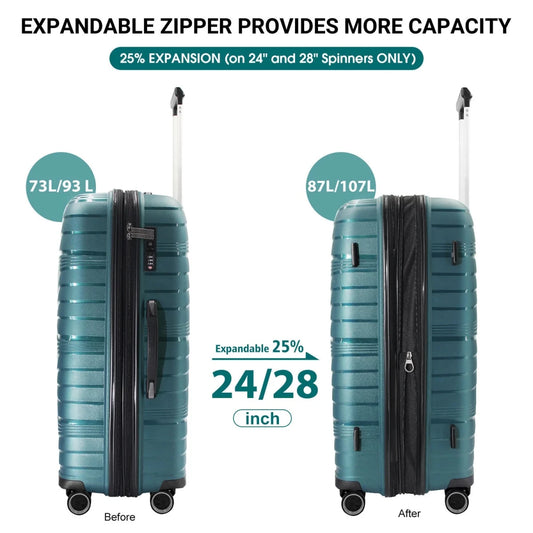 Mandotos International teal 4-piece hardside luggage set with spinner wheels, 12, 20, 24, and 28-inch travel suitcases