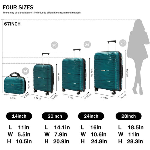 Mandotos International teal 4-piece hardside luggage set with spinner wheels, including 12, 20, 24, and 28-inch suitcases for travel.
