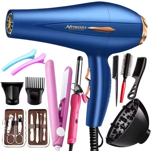 Mandotos International travel hair dryer with 3 heat settings and 5 attachments, compact and lightweight for easy packing.