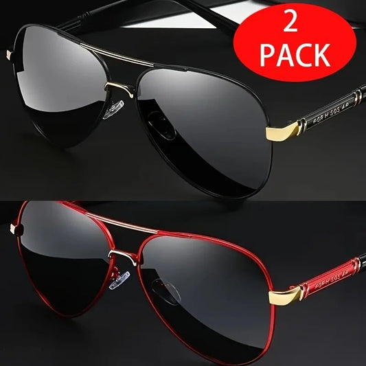 Two pairs of red sunglasses with stylish metal frames and TAC lenses, designed for elegance and sharp vision.