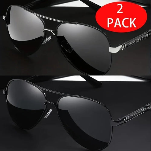Two pairs of red MANDOTOS INTERNATIONAL sunglasses with stylish metal frames and TAC lenses for sharpness and elegance.