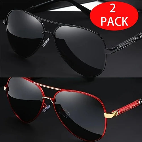 Two pairs of red sunglasses with stylish metal frames and TAC lenses, designed for elegance and sharp vision by Mandotos International.