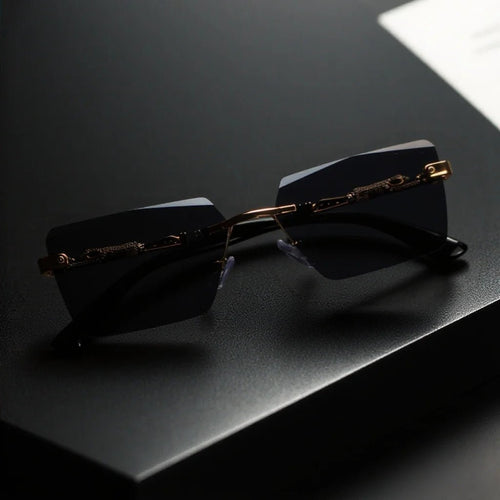 Unisex luxury frameless black and gold sunglasses with leopard print, rectangular lenses, UV400 protection, elegant design.