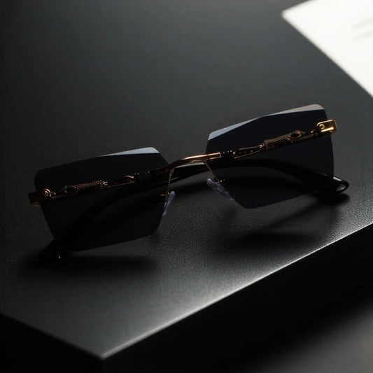 Unisex luxury frameless black and gold sunglasses with leopard print, rectangular lenses, UV400 protection, elegant design.