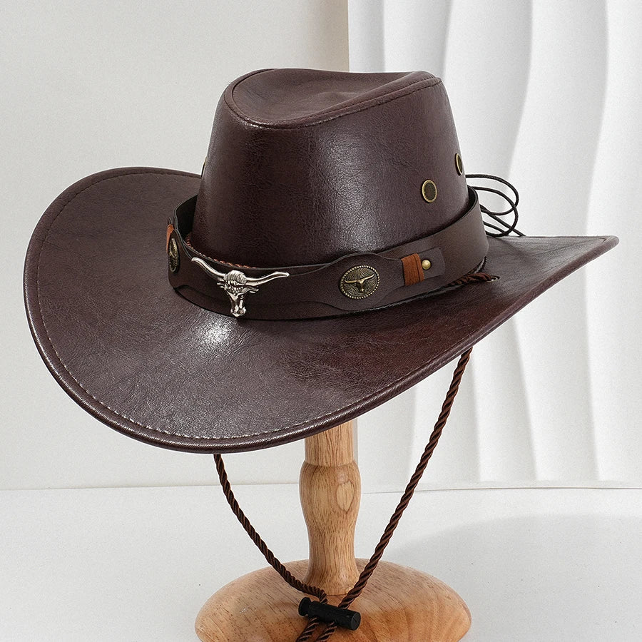 Unisex Vintage Faux Leather Western Cowboy Hat Outdoor Gentleman Cowgirl Jazz Cap Sombrero Hombre - MANDOTOS INTERNATIONAL