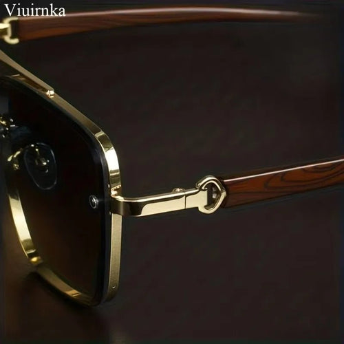 Mandotos International UV400 unisex square sunglasses with double bridge, wood grain frame, and case for daily wear and travel.