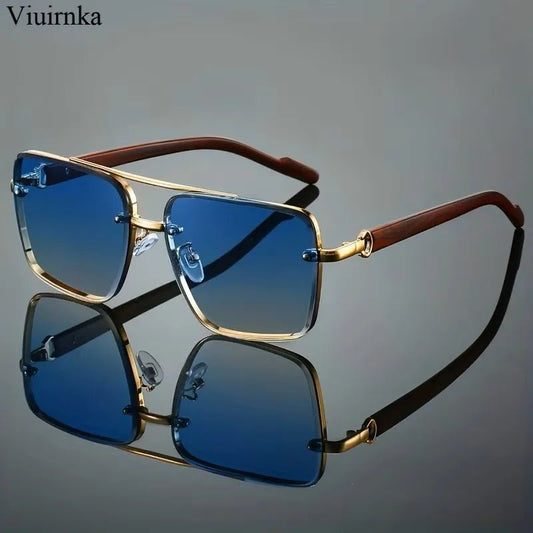 Mandotos International UV400 unisex square sunglasses with double bridge, wood grain frame, and included case for daily wear and travel.