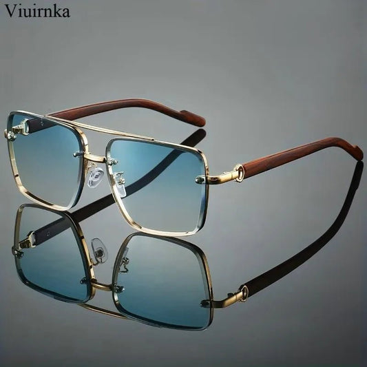 Mandotos International UV400 unisex square sunglasses with double bridge, wood grain design, and protective case for daily wear and travel.
