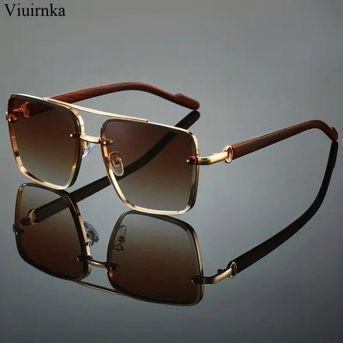 Mandotos International UV400 unisex square sunglasses with double bridge, retro wood grain design and case for daily wear and travel.